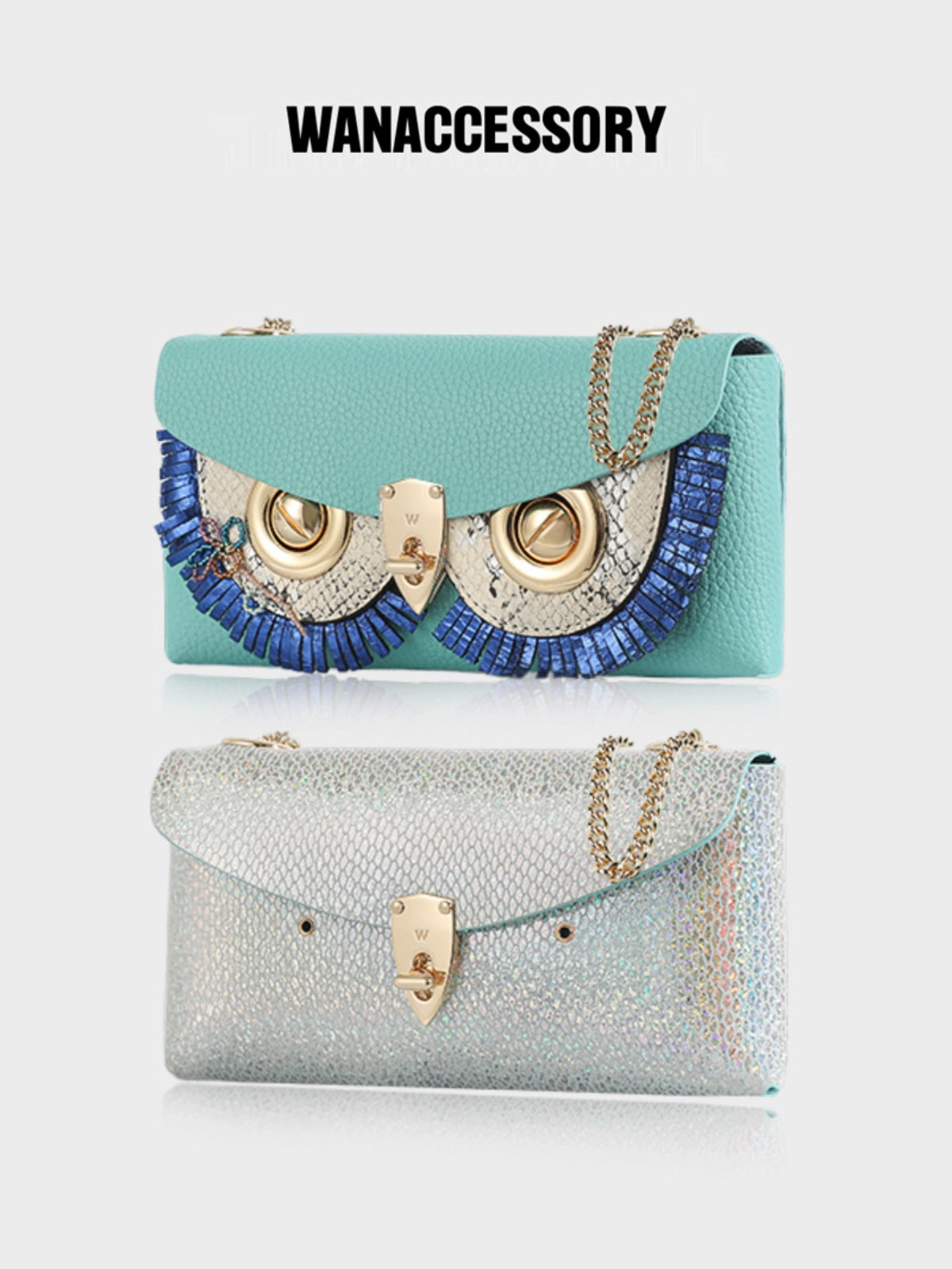 WANACCESSORY Blue Silver Double sided Two tone Owl Face Changing One Shoulder Oblique Cross Envelope Bag Original Design