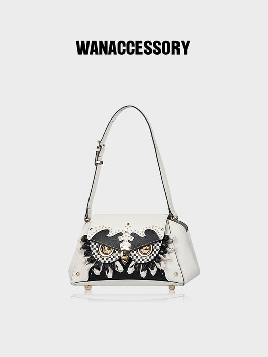 WANACCESSORY New Black and White Riveted Women's One Shoulder Fashion Owl Face changing Bag Original Design