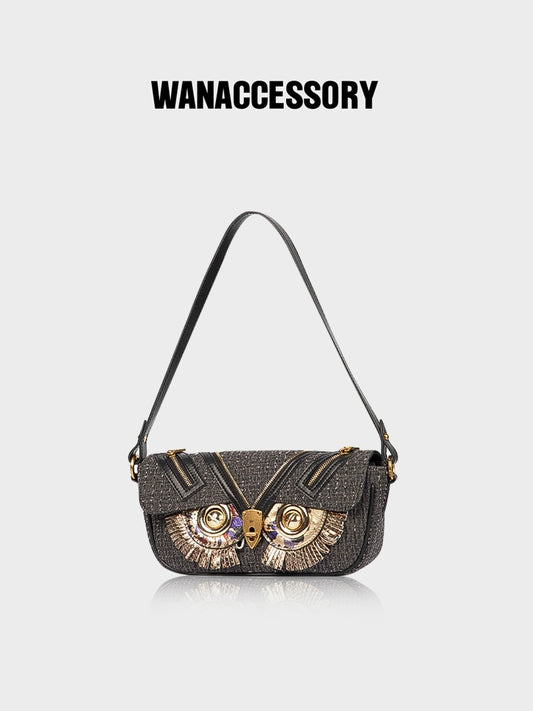WANACCESSORY 2023 Denim Saddle Bag Owl Face changing Bag Shoulder Bag Crossbody Bag Women's Bag
