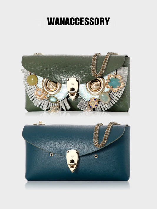 WANACCESSORY double-sided two-color cowhide owl face change one-shoulder envelope bag alias series