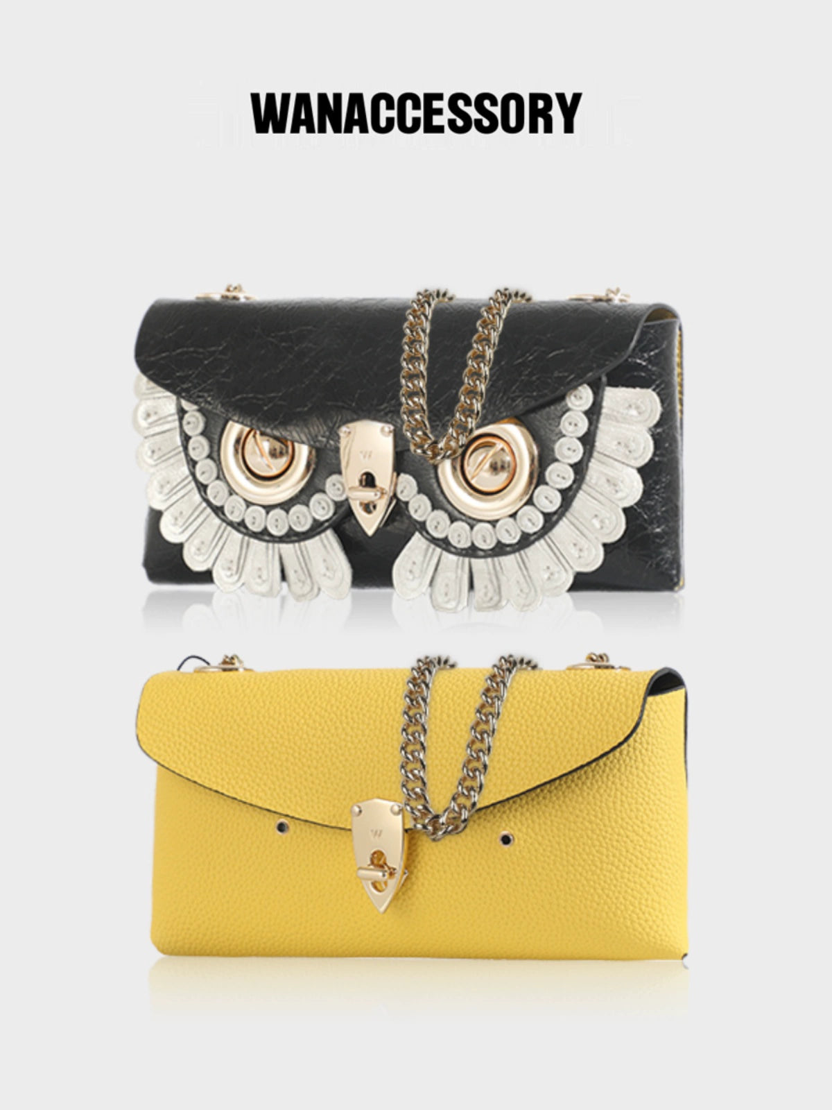 WANACCESSORY Black Yellow Double sided Owl Face Changing Oblique Cross Envelope Bag ALIAS Series