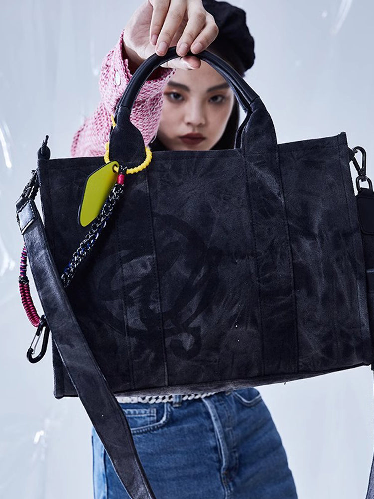 W-Printed Denim Tote Bag